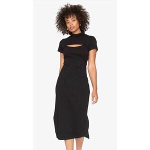 Callahan NWT Celeste Midi Dress Black Short Sleeve Cut Out Turtle Neck Stretch S